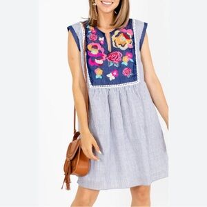 Savanna Jane Blue White Striped Floral Embroidered Tunic Dress 3X Boho Lagenlook